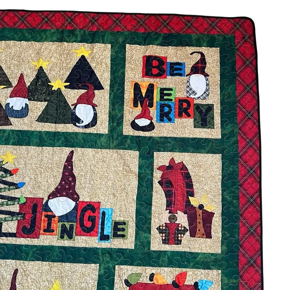 Christmas Gnome Patchwork Quilt Coverlet 92x78 Handmade Folk Art Bedspread